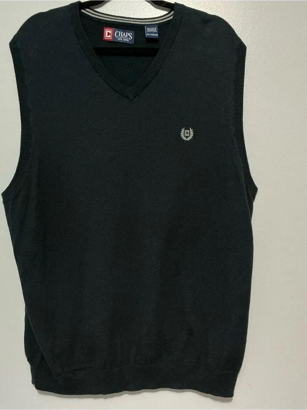 Ralph Lauren Chaps Sweater Vest Blk V Neck Cotton Preppy Country Club size XL